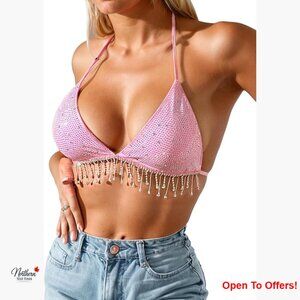 Sequin Rhinestone Sparkly Halter Crop Top with Fringe Tassel Detail